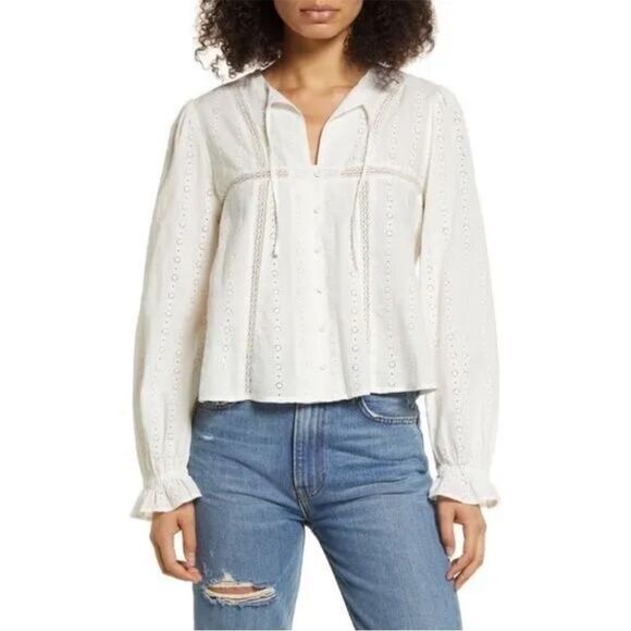 Treasure & Bond Long Sleeve Eyelet Lace Button Front Shirt Size Medium Ivory - Picture 1 of 10